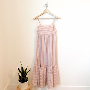 American Eagle Cottagecore Pink Striped Tiered Maxi Dress Smocked Back Size S